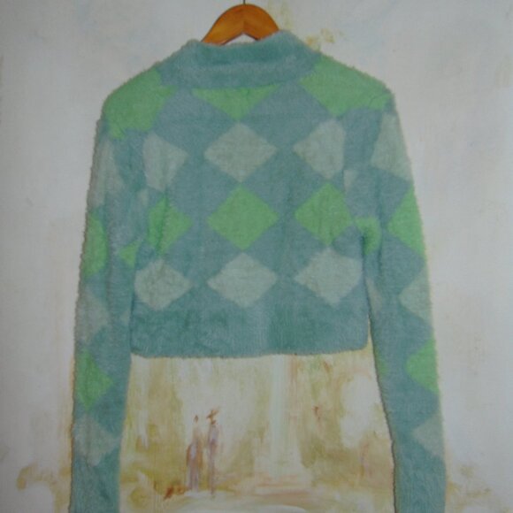 COTTON ON Super Fuzzy Soft Furry Sweater Cropped Argyle Preppy Light Academia SP - Picture 6 of 13
